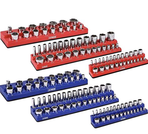 ARES 60058-6-Pack Set Metric and SAE Magnetic Socket Organizers -Blue and Red -1/4 in, 3/8 in, 1/2 in Socket Holders - Holds 143 Pieces of Standard (Shallow) and Deep Sockets -Organize Your Tool Box