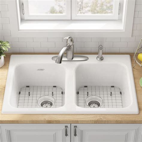 Limited American Standard 77DB33224.308 Quince 33x22 Top Mount Double Bowl Cast Iron Kitchen Sink - 4 Holes,