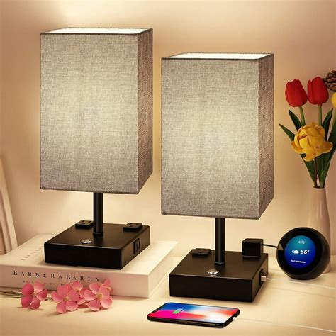 Bedside Table Lamps with Dual USB Charging Ports, Set of 2 Modern Lamps with Gray Fabric Shade, Stylish Desk Lamp for Bedroom Living Room Study Room Office