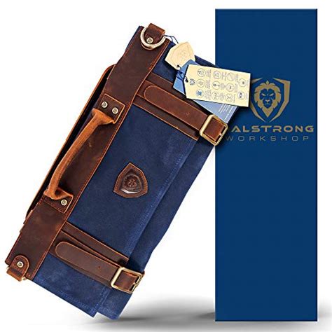 DALSTRONG Nomad Knife Roll Bag -12oz Heavy Duty Canvas & Top Grain Blue Leather - 13 Slots - Interior and Rear Zippered Pockets - Blade Travel Storage/Case