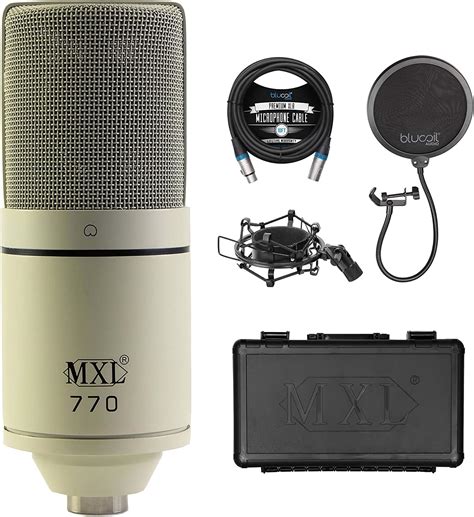 MXL 770 Cardioid Condenser Microphone for Recording Vocals, Pianos, Guitars, and String Instruments (Vintage White) Bundle with Blucoil 10-FT Balanced XLR Cable, and Boom Arm Plus Pop Filter